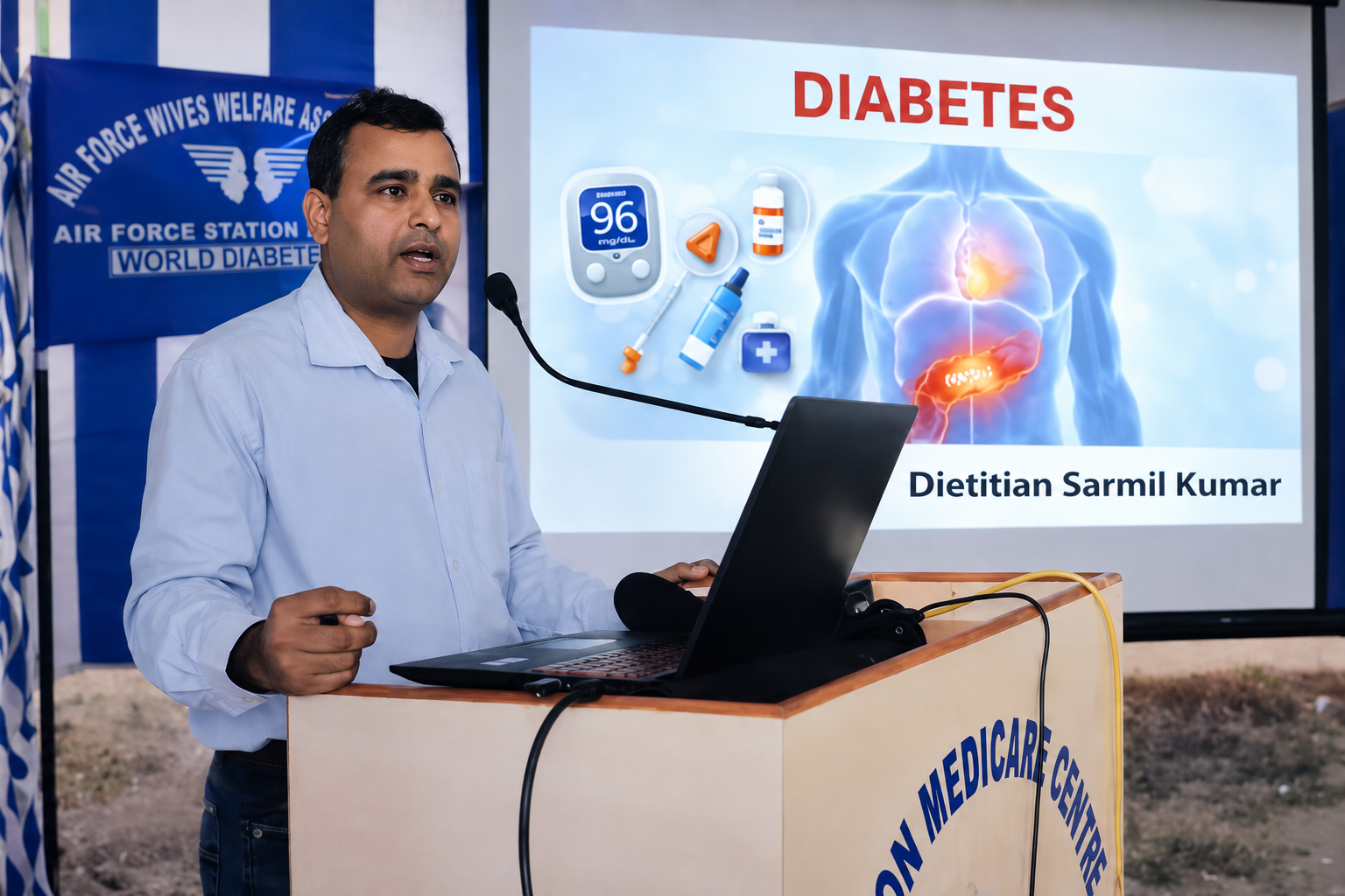 Dr. Sarmil Kumar – Best Dietitian in Jhansi presenting on Diabetes at Air Force Station Medicare Centre awareness camp